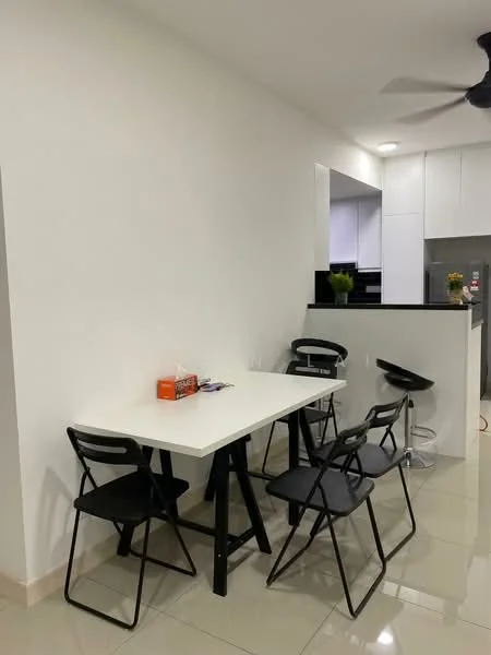 Dining features: white dining table, 4 black folding chairs, glossy tile flooring, white painted walls, ceiling fan, open layout to kitchen, minimalist decor, potted plant on table; style: modern.