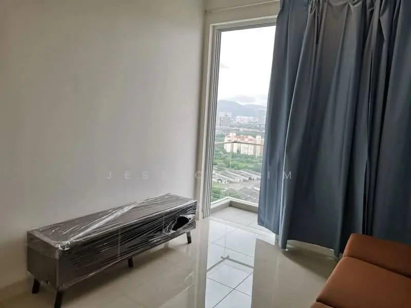 Room features: white painted walls, glossy tile flooring, large window with city view, curtains in blue fabric, wooden TV console, sofa in orange fabric, plastic wrap on furniture; style: modern; view: city.