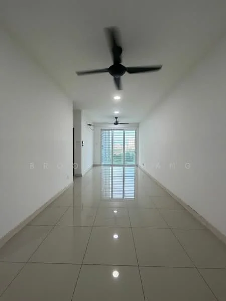 Room features: white painted walls, glossy ceramic tile flooring, 2 ceiling fans, floor-to-ceiling windows, sliding glass door, natural light from windows, neutral color scheme; style: modern; view: city.