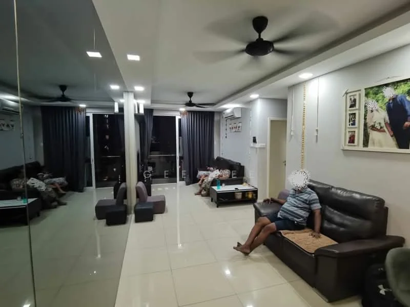 Living features: 3-seater leather sofa, 2-seater leather sofa, coffee table, wall-mounted TV, floor-to-ceiling windows, grey curtains, ceiling fan, recessed LED downlights, white painted walls, polished tile flooring, decorative wall art, open layout; style: modern; view: city.