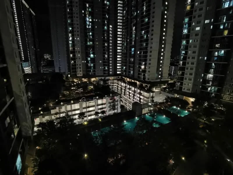 Exterior type: high-rise condominium; features: multiple high-rise buildings, illuminated facade, landscaped gardens, swimming pools, outdoor lighting, parking deck, balconies on upper floors, manicured pathways; style: modern.