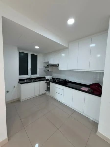 Kitchen features: white shaker cabinets, black granite countertop, stainless-steel sink, chrome pull-down faucet, built-in oven, freestanding range oven, ceramic tile flooring, recessed LED downlights, floor-to-ceiling windows, white tiled backsplash, open shelving, kitchen island; style: modern.