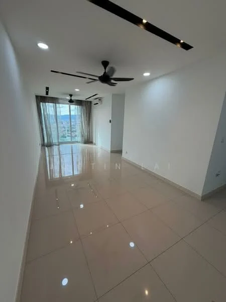 Living features: white painted walls, glossy ceramic tile flooring, recessed downlights, 5-blade ceiling fan, floor-to-ceiling windows, sheer curtains, air conditioning unit, open layout; style: modern; view: city.