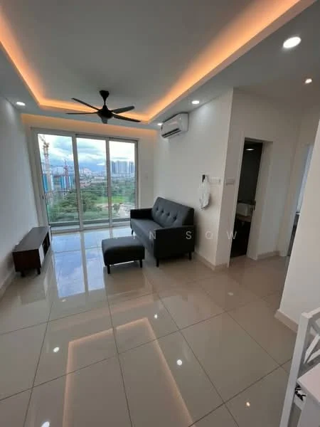 Living features: grey fabric sofa, black armchair, coffee table, floor-to-ceiling windows, city view, recessed LED downlights, ceiling fan, air conditioning unit, glossy tile flooring, white painted walls; style: modern; view: city.