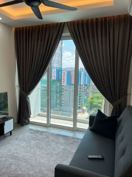 Living features: floor-to-ceiling windows, grey fabric sofa, TV console, area rug, 5-blade ceiling fan with light, sheer curtains, dark brown curtains, light-colored walls, recessed lighting, marble flooring; style: modern; view: city.