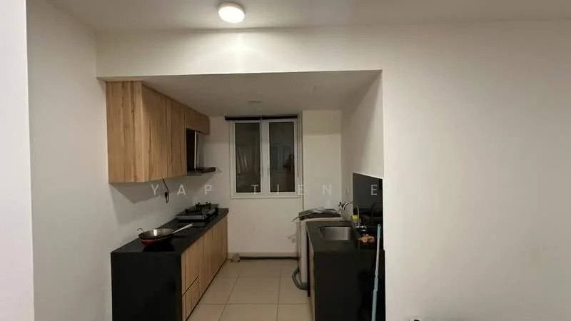 Kitchen features: wood cabinetry, black countertop, stainless-steel sink, single-bowl sink, chrome pull-down faucet, built-in stove, exhaust hood, tile flooring, window with view, recessed lighting; style: modern.