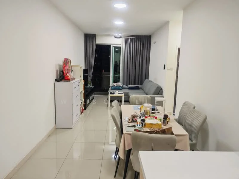 Living features: white painted walls, glossy ceramic tile flooring, recessed downlights, floor-to-ceiling windows, grey fabric sofa, dining table with beige tablecloth, 6 upholstered dining chairs, white storage cabinet, curtains, decorative items on table; style: modern; view: city.