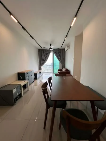 Living features: white painted walls, glossy tile flooring, recessed LED downlights, 5-blade ceiling fan, floor-to-ceiling windows, sheer curtains, dining table with wooden top, upholstered dining chairs, TV console, sofa, air conditioning unit; style: modern; view: city.