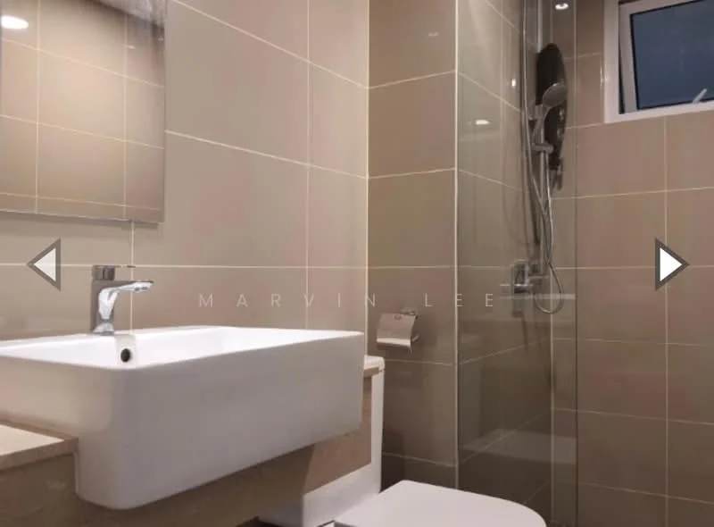 Bathroom features: wall-mounted sink, chrome faucet, toilet, glass shower enclosure, rain shower head, handheld shower, tile cladding on walls, neutral-colored tiles, mirror above sink, window for natural light; style: modern.