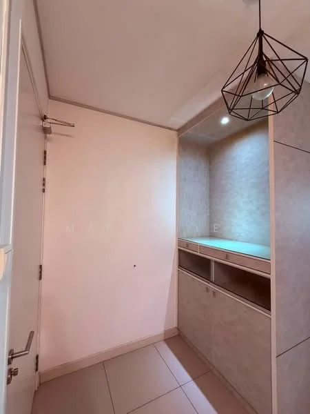 Room features: white painted walls, built-in shelving unit, recessed lighting, pendant light fixture, tile flooring, neutral color scheme, corner shelving, smooth ceiling; style: modern.