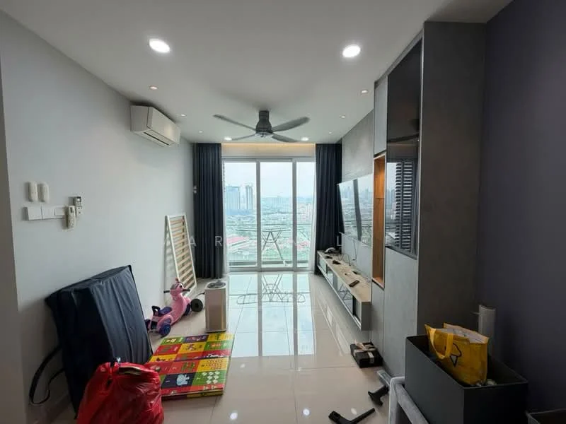 Living features: floor-to-ceiling windows, sliding glass door, 5-blade ceiling fan with light, wall-mounted TV, TV console, cream painted walls, glossy tile flooring, decorative wall paneling, balcony view of city skyline, area rug, various children's toys, furniture in disarray; style: modern; view: city.