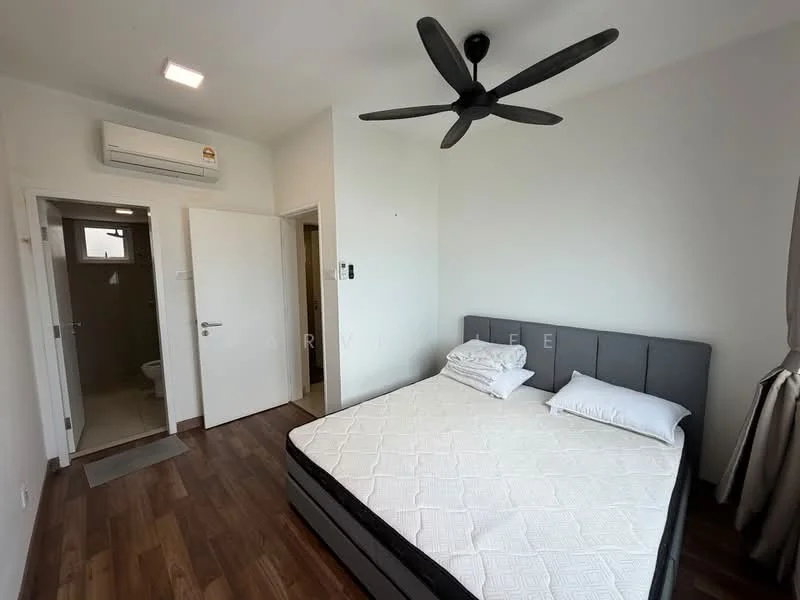 Bedroom features: queen-size bed, upholstered headboard, 2 bedside pillows, 5-blade ceiling fan with light, wall-mounted split AC, wooden flooring, white painted walls, curtains, door leading to bathroom, light fixture; style: modern.