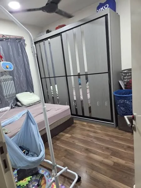 Bedroom features: wooden flooring, grey curtains, built-in wardrobe with mirrored doors, queen-size bed with beige bedding, baby crib, laundry basket, decorative toys on the floor, wall-mounted fan; style: modern.