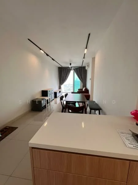 Living features: light grey walls, white ceiling, recessed downlights, floor-to-ceiling windows, curtains, dining table with four chairs, sofa, TV console, open layout, tile flooring; style: modern; view: city. Kitchen features: white countertop, wood cabinetry, stainless-steel sink, open layout to living area; style: modern.