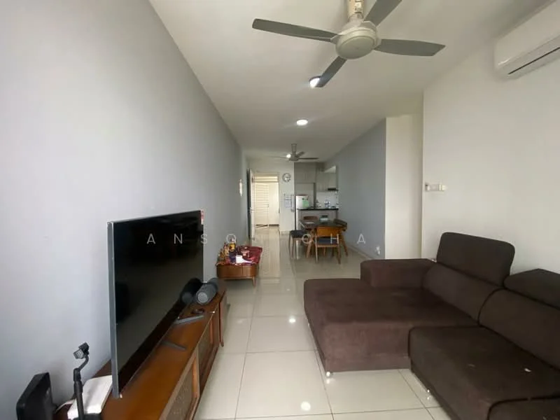 Living features: 3-seater fabric sofa in brown, coffee table, wall-mounted TV, TV console, recessed LED downlights, ceiling fan, white painted walls, glossy tile flooring, air conditioning unit, decorative wall art; style: modern. Kitchen features: open-plan layout, kitchen island, white cabinetry, stainless-steel appliances, refrigerator, built-in oven, 4-burner gas hob, exhaust hood; style: modern.