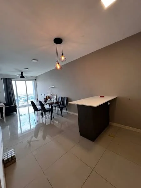 Dining features: dining table with four chairs, pendant lighting with three bulbs, ceiling fan, white countertop, dark wood cabinetry, large glass sliding door, glossy tile flooring, neutral painted walls; style: modern; view: city.