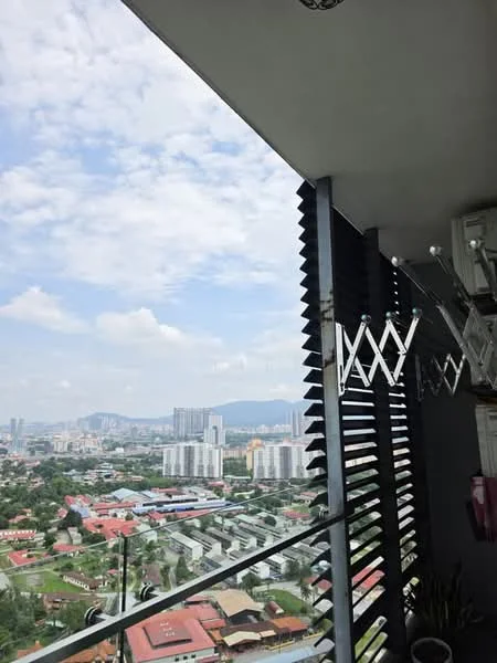 Room features: balcony with glass railing, city skyline view, folding clothes drying rack, metal louvered screens, concrete flooring, outdoor space, sky view, urban landscape; style: modern; view: city.