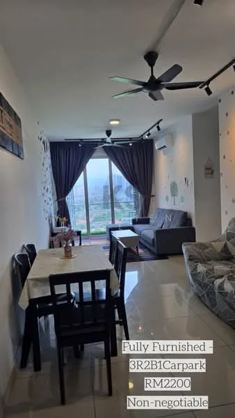 Living features: grey fabric sofa, 2-seater sofa, dining table for 4, black dining chairs, ceiling fan with light, floor-to-ceiling windows, curtains, decorative wall decals, tile flooring, air conditioning unit, coffee table, area rug; style: modern; view: city.