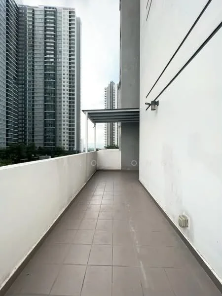 Room features: tiled flooring, white painted walls, balcony railing, overhead awning, city skyline view, surrounded by high-rise buildings; style: modern; view: city.