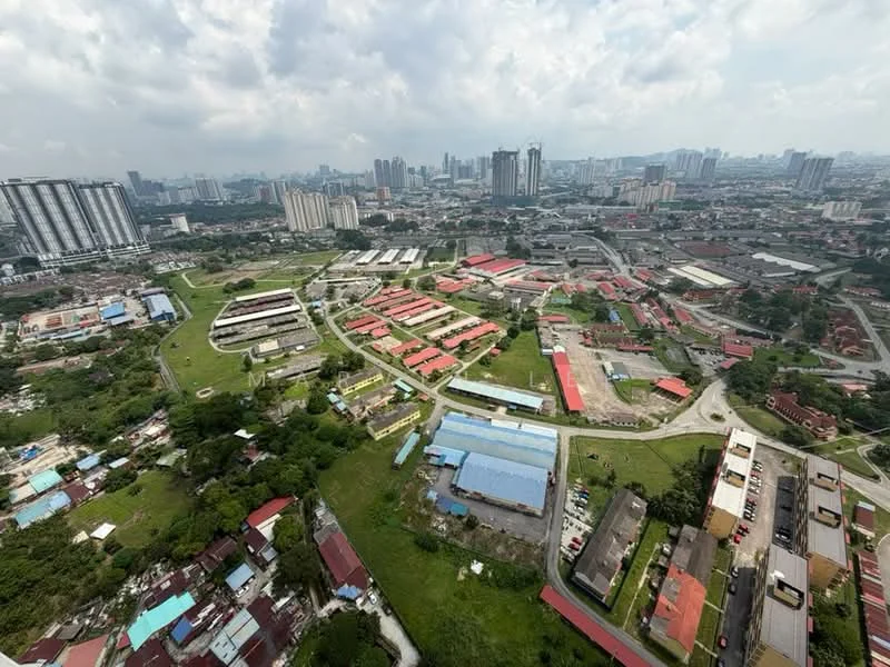 Exterior features: city skyline view, mixed-use development, green spaces, industrial areas, residential buildings, commercial buildings, road infrastructure, parking lots; style: modern.