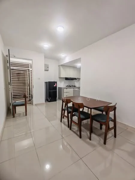Dining features: 4-seater dining table, wooden dining chairs, white painted walls, glossy ceramic tile flooring, recessed ceiling lights, air conditioning unit, fridge, kitchen cabinetry, stainless-steel sink, kitchen countertop; style: modern. Room features: open layout, neutral color scheme.