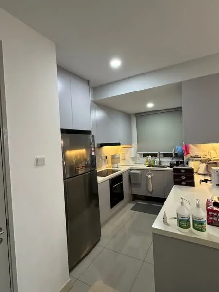 Kitchen features: grey cabinetry, white countertop, stainless-steel fridge, built-in oven, ceramic cooktop, single-bowl stainless-steel sink, chrome pull-down faucet, tile backsplash, recessed downlights, window with roller blinds, grey tile flooring, kitchen island, dishwasher; style: modern.