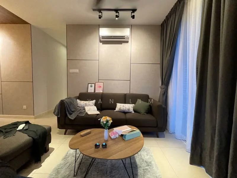 Living features: 3-seater fabric sofa in dark brown, round wooden coffee table, area rug with soft texture, floor-to-ceiling windows with sheer curtains, wall-mounted split AC, grey accent wall, decorative wall art, potted flowers on coffee table; style: modern.