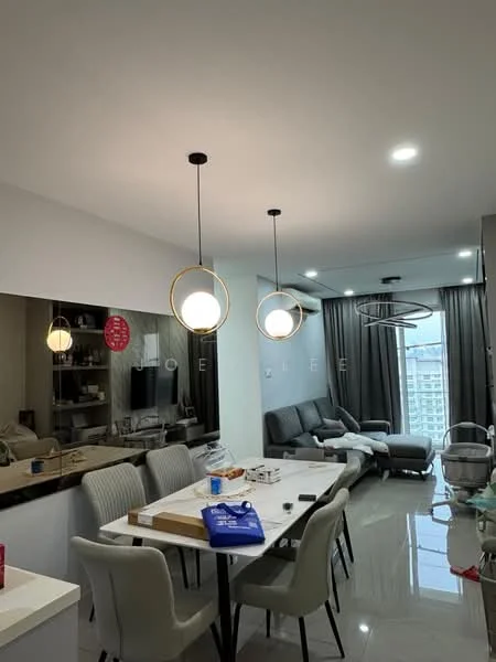 Living features: grey sectional sofa, 2-seater fabric sofa, white dining table, upholstered dining chairs, pendant lighting with circular design, recessed LED downlights, floor-to-ceiling windows with sheer curtains, glossy tile flooring, decorative wall mirror, TV console, wall-mounted TV, area rug; style: modern; view: city.