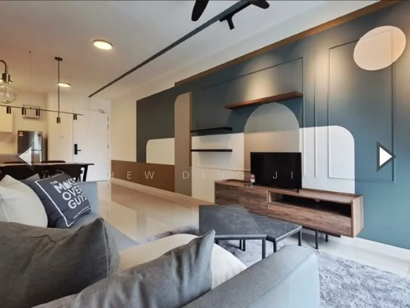 Living features: grey fabric sofa, black coffee table, wooden TV console, wall-mounted TV, decorative wall with geometric patterns, recessed lighting, ceiling fan, area rug with geometric pattern, shelves on wall, decorative items on shelves; style: modern.