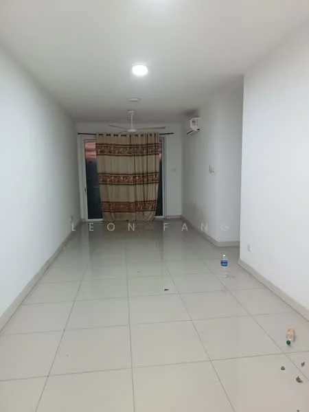 Living features: white painted walls, glossy ceramic tile flooring, sliding glass door, sheer curtains, ceiling fan, wall-mounted air conditioning unit, recessed downlights; style: modern.