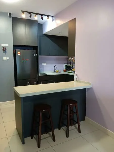 Kitchen features: black cabinetry, white quartz countertop, stainless-steel fridge, built-in microwave, ceramic tile flooring, purple painted walls, recessed downlights, bar seating with two stools, kitchen sink, kitchen appliances visible; style: modern.