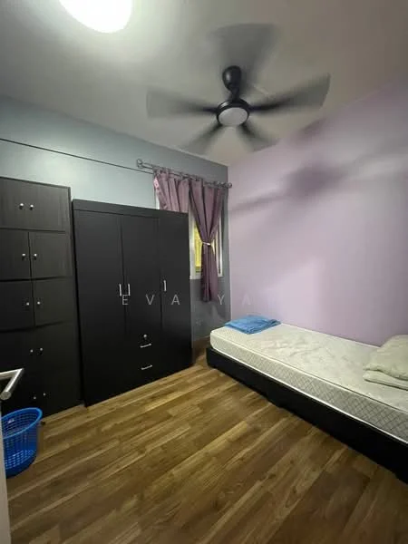Bedroom features: purple painted walls, wooden flooring, ceiling fan, single bed, black wardrobe with multiple drawers, curtains, basket, mattress.