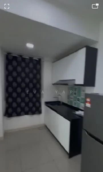 Kitchen features: black granite countertop, white flat-panel cabinets, stainless-steel fridge, single-bowl stainless-steel sink, chrome pull-down faucet, ceramic tile flooring, recessed downlights, black and white polka dot curtain, wall-mounted cabinets, backsplash with green tiles; style: modern.