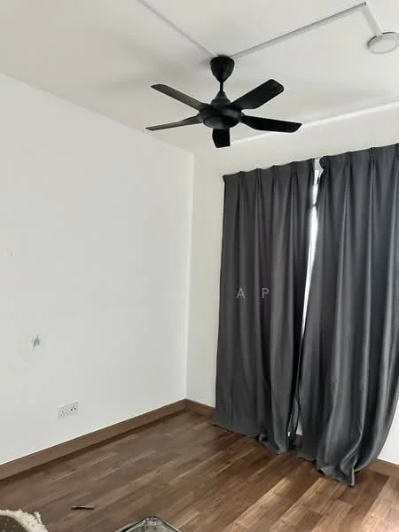 Room features: white painted walls, dark wood flooring, 5-blade ceiling fan in black, floor-to-ceiling window with sheer curtains, grey blackout curtains, minimalist design; style: modern.
