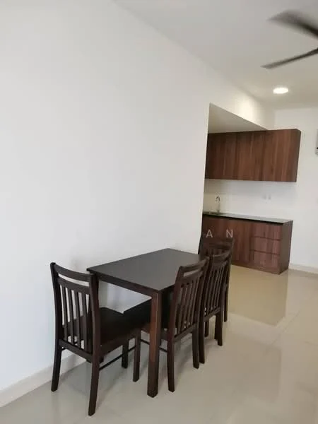Dining features: wooden dining table, 4 dining chairs, white painted walls, tile flooring, ceiling fan, kitchen cabinetry in dark wood, stainless-steel sink, countertop, recessed lighting; style: modern.