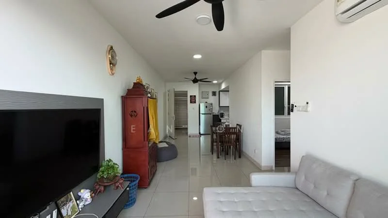 Living features: light grey fabric sofa, wall-mounted TV, dark wood TV console, 5-blade ceiling fan with light, white painted walls, glossy tile flooring, air conditioning unit, decorative wall clock, bean bag chair, dining table with chairs in background; style: modern.