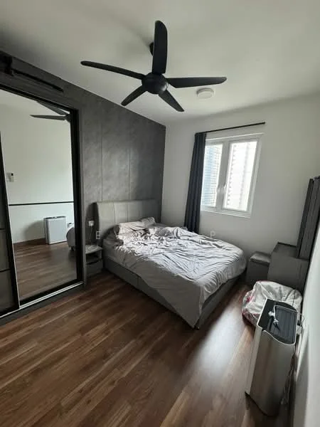 Bedroom features: king-size bed with upholstered headboard, 5-blade ceiling fan, wooden flooring, grey accent wall, floor-to-ceiling mirror wardrobe, window with sheer curtains, nightstand, laundry basket; style: modern; view: city.