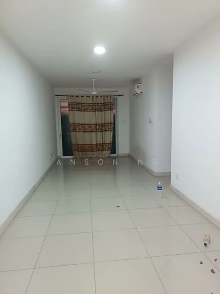 Room features: white painted walls, glossy ceramic tile flooring, ceiling with recessed downlights, sliding glass door, curtains, wall-mounted split AC, 1 ceiling fan, open space layout; style: modern.