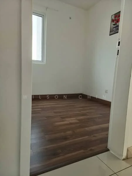 Room features: white painted walls, wooden flooring, single window, light switch, door frame, decorative wall art.