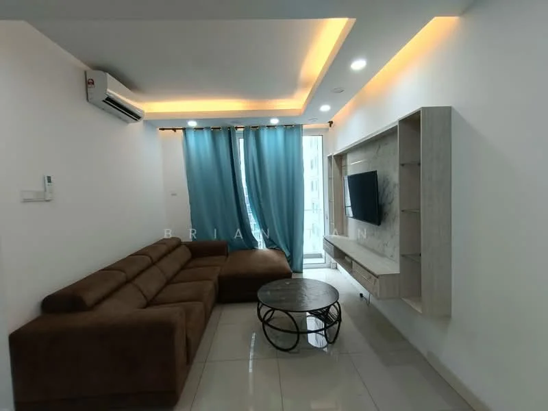 Living features: L-shape sectional sofa in brown fabric, round coffee table with metal base, wall-mounted TV, light-colored feature wall, recessed lighting, curtains in teal, floor-to-ceiling windows, white tiled flooring, wall-mounted air conditioning unit; style: modern.