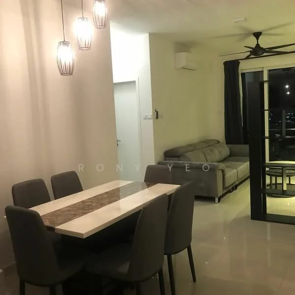Dining features: 6-seater dining table with marble top, upholstered dining chairs in grey, pendant lights above the table, white painted walls, polished tile flooring, wall-mounted split AC, floor-to-ceiling windows, curtains, sofa in grey fabric, ceiling fan with light; style: modern; view: city.
