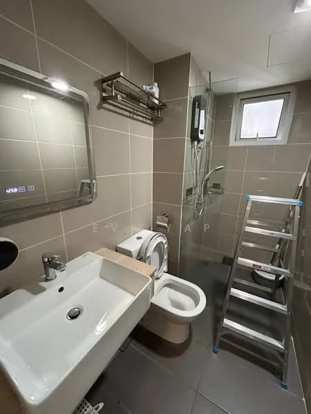 Bathroom features: single-sink vanity with white ceramic sink, chrome basin mixer faucet, two-piece toilet, walk-in shower with glass enclosure, rain shower head, handheld shower, mirror with LED lighting, tile cladding on walls, grey ceramic tile flooring, shower wall with built-in shelf, window for natural light, stainless-steel towel rack, step ladder; style: modern.