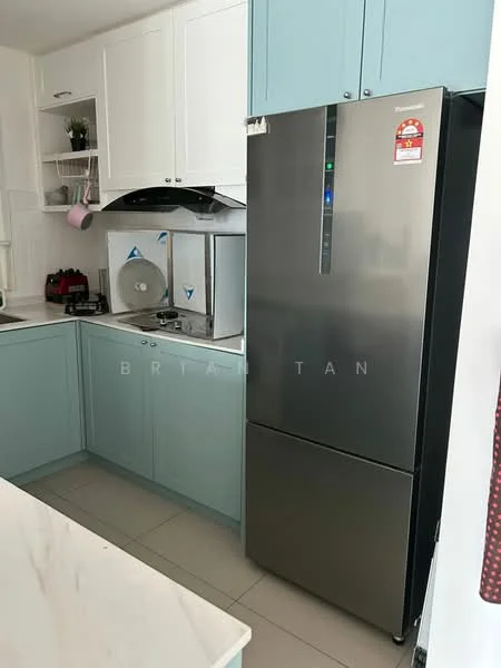Kitchen features: light blue cabinetry, white upper cabinets, marble countertop, stainless-steel fridge, built-in oven, stainless-steel range hood, ceramic tile flooring, wall-mounted shelf, sink with faucet; style: modern.
