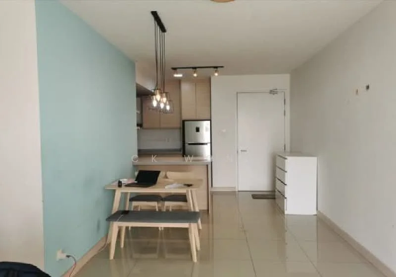 Dining features: dining table with 4 seats, light wood dining table, grey upholstered dining chairs, pendant lighting with multiple bulbs, white sideboard cabinet, white walls, light grey accent wall, glossy tile flooring, open kitchen area visible in background, stainless-steel fridge visible in kitchen; style: modern.