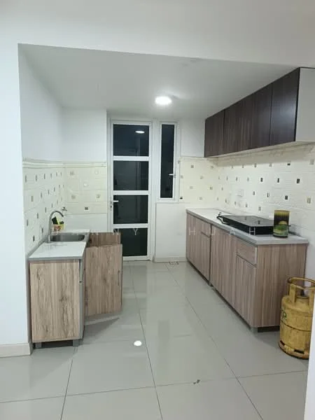 Kitchen features: white painted walls, grey tile backsplash with square pattern, laminate cabinetry in dark wood finish, laminate cabinetry in light wood finish, marble countertop, built-in gas hob, single-bowl stainless-steel sink, window with sliding glass door, recessed ceiling lights, grey floor tiles, kitchen island with storage, decorative plant on countertop; style: modern.