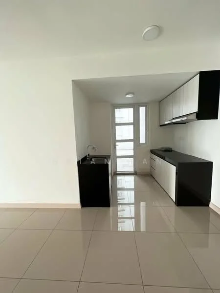 Kitchen features: white cabinetry with flat-panel doors, black countertop, single-bowl stainless-steel sink, chrome pull-down faucet, built-in oven, ceramic tile flooring, recessed downlights, large window for natural light, open layout, neutral painted walls; style: modern.