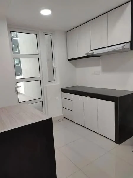 Kitchen features: white cabinetry with black accents, countertop with wood finish, built-in kitchen hood, single-bowl stainless-steel sink, chrome pull-down faucet, ceramic tile flooring, recessed downlights, floor-to-ceiling windows, open layout, drawer storage, wall-mounted cabinets; style: modern.