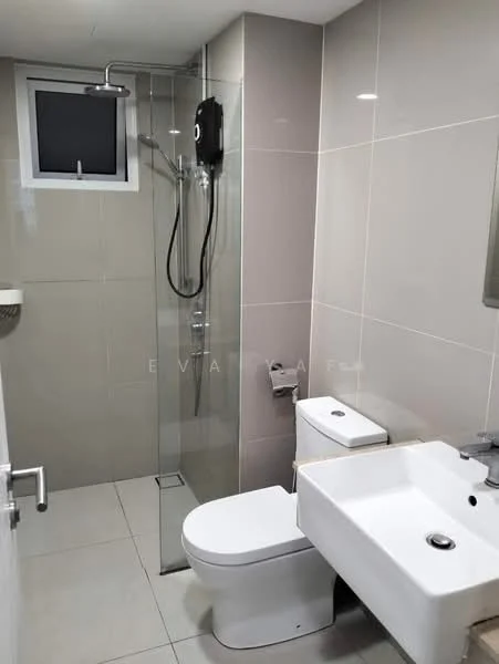 Bathroom features: shower with glass enclosure, rain shower head, wall-mounted shower mixer, white ceramic toilet, single-sink vanity with white cabinet, chrome basin mixer, mirror above sink, grey tiled walls, light grey floor tiles, window for natural light, built-in soap dish; style: modern.