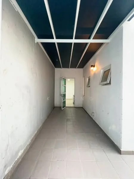 Room features: grey tiled flooring, white painted walls, blue ceiling, wall-mounted light fixture, door leading to another room, small windows on the side; style: modern.
