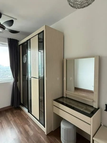 Bedroom features: wooden flooring, white painted walls, built-in wardrobe with sliding doors, dressing table with mirror, ceiling fan with light, curtains, window with city view; style: modern; view: city.